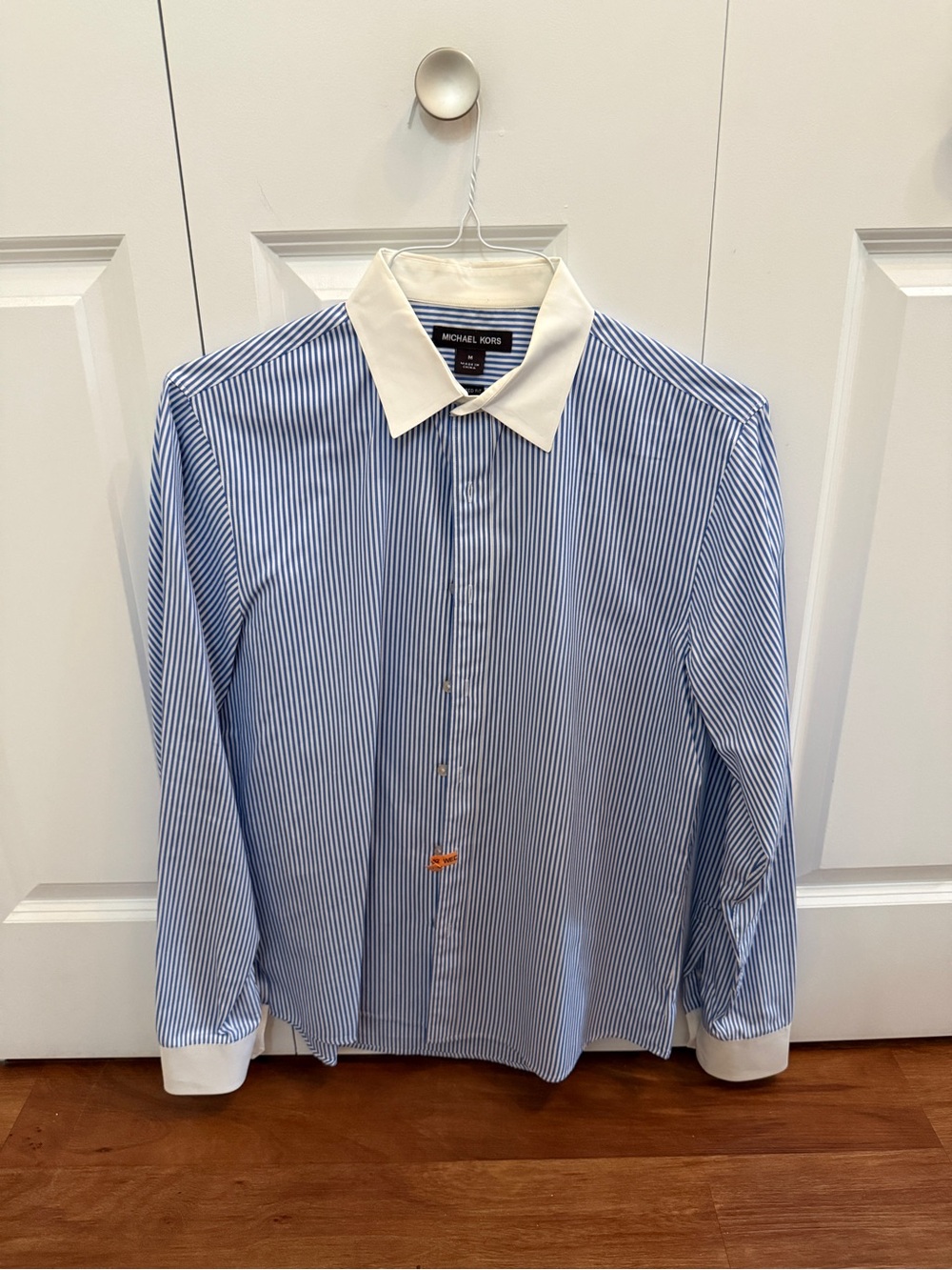 Michael Kors Blue Pinstripe Dress Shirt with White Contrast Collar